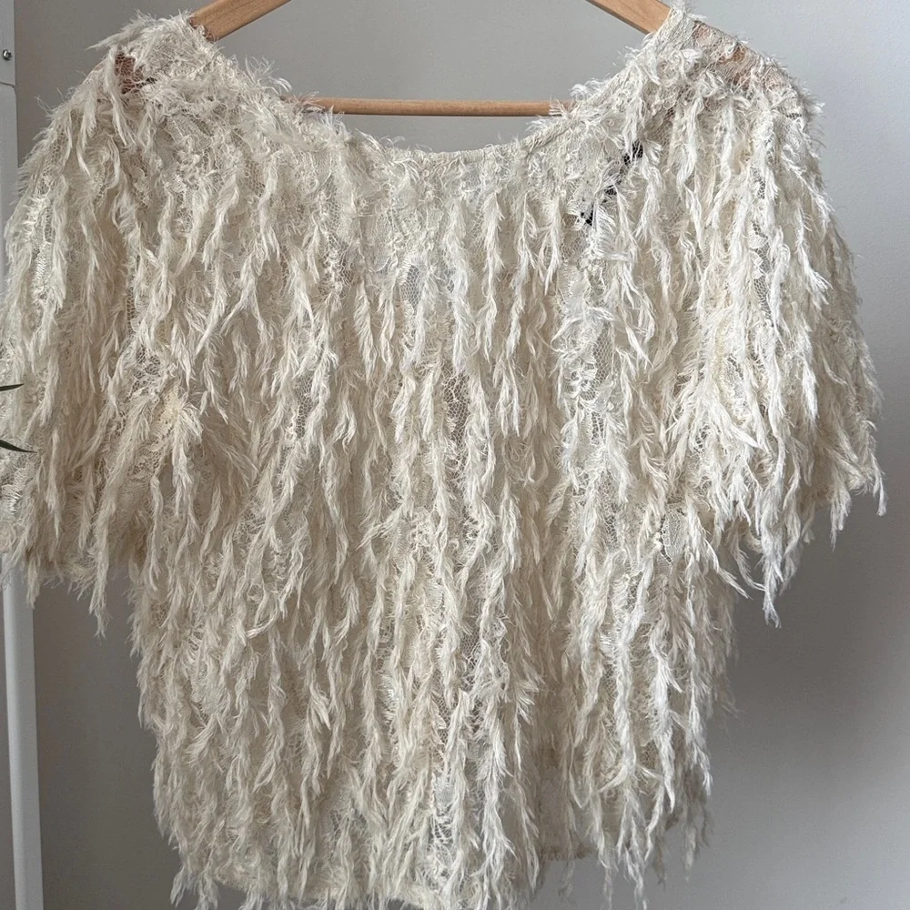 Zara Cream Textured Fringe Short-Sleeve Top Size M